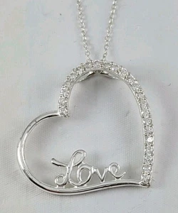Sterling Silver SU 925 CZ Accent Floating Open Heart LOVE Pendant 18" - Picture 1 of 12