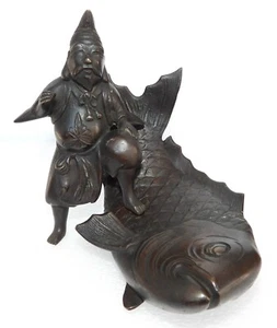 Antique Japanese handmade Bronze Fisherman w/ Huge Fish Figurine Statue - Picture 1 of 12