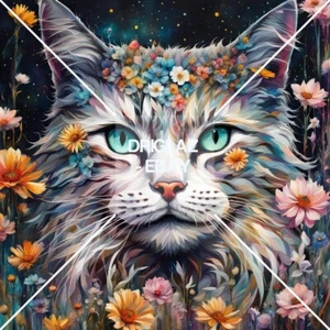 Custom Cat Flowers Portrait Digital Cat Image Background CAT/Flowers ART - Picture 1 of 3