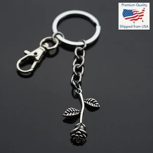 Beautiful 3D Rose Flower Petal Stem Charm Pendant Keychain Key Chain Clip Gift - Picture 1 of 5