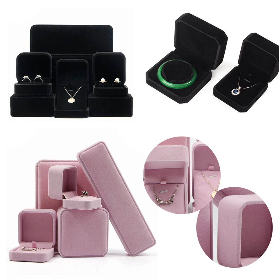 BLACK/PINK VELVET JEWELLERY BOX RING NECKLACE EARRINGS BRACELET GIFT BOX NEW - Image 1 of 4