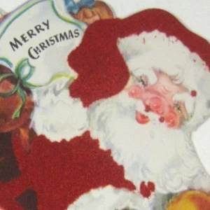 Whit Santa Claus Chimney Bag Christmas Greeting Card 1949 Used Die Cut Flocked - Picture 1 of 8