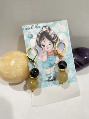 Golden Rutilated Quartz Stone precious Stone Bead Dangle Hook Earrings Women’s - Image 1 of 4