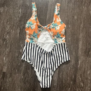 Cupshe One Piece Swimsuit 0X Orange Floral Black White Striped Knotted Sexy - Picture 1 of 5