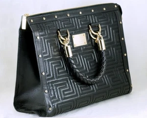 Gianni Versace Couture Black Leather Greek Key Handbag – Gold Hardware, Dust Bag - Picture 1 of 12