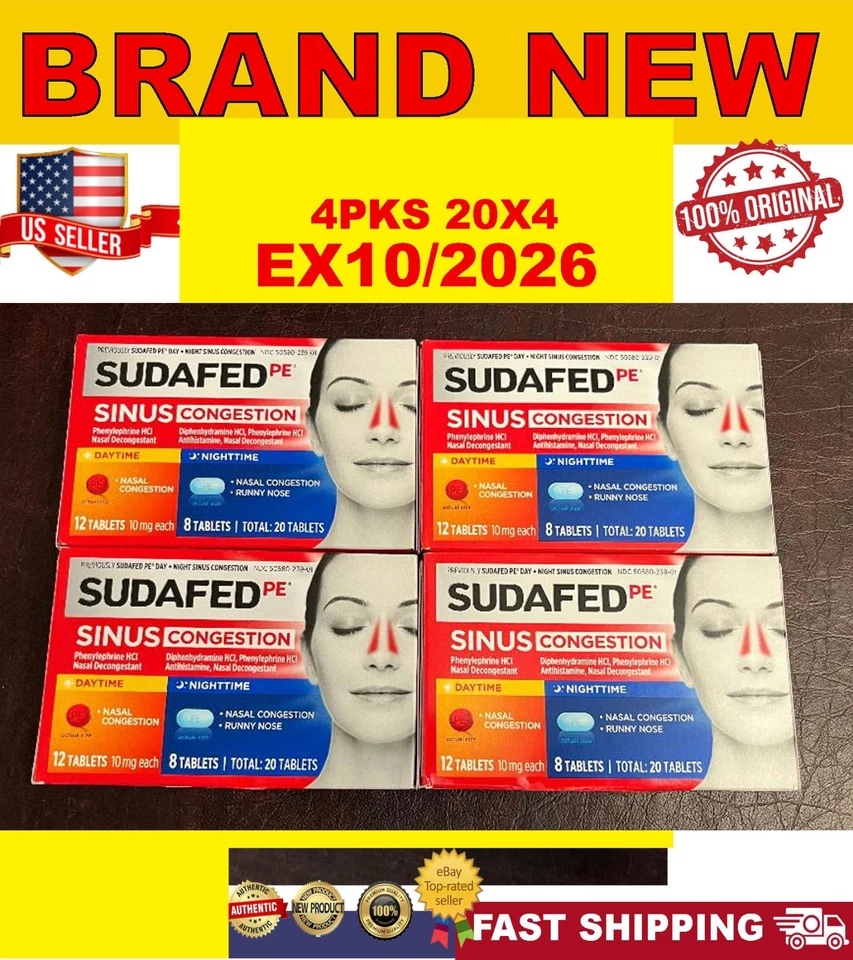 Sudafed PE дневные и ночные таблетки от давления и заложенности пазух, 20 штук 4 упаковки - Изображение 1 из 1