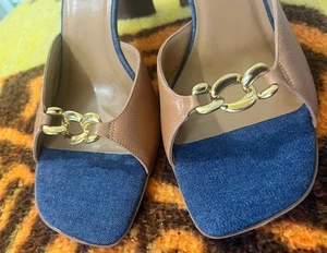 Sandali Unisa 10 B pelle tacco a blocco blu naturale oro scarpe punta aperta Brasile - Foto 1 di 21
