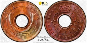 1956-KN British East Africa 1 Cent PCGS MS66RB Beautiful Rainbow Toning!!! - Picture 1 of 1