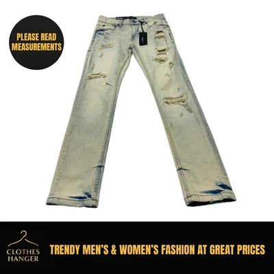 Pantalones de mezclilla Thread Theory para hombre 28x30 azul arena desgastados ajustados elásticos nuevos con etiquetas NUEVO Foto 1 de 4