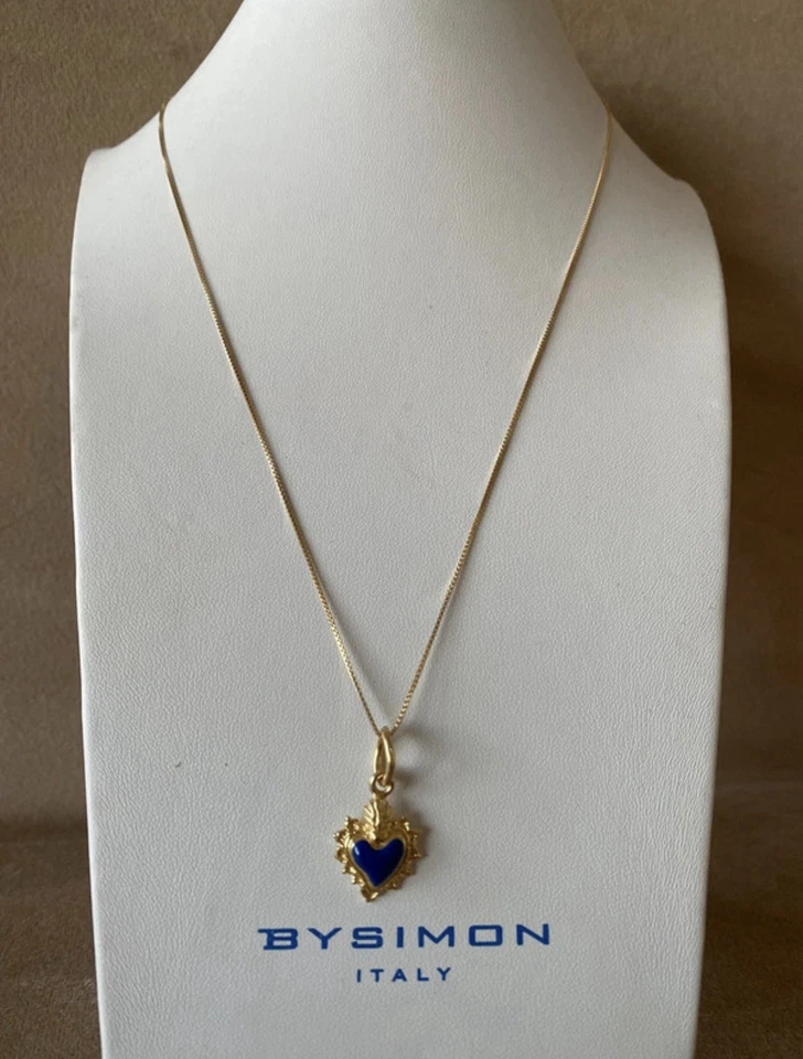 Collana Cuore Sacro Argento Bagnato In Oro Ciondolo Cuore Smaltato Blu - Immagine 1 di 1