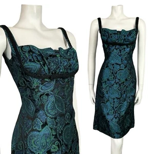 Vintage 60er Jahre schwarz blau grün metallic Paisley Blumen Empire Träger Party Kleid 8 10 - Bild 1 von 7