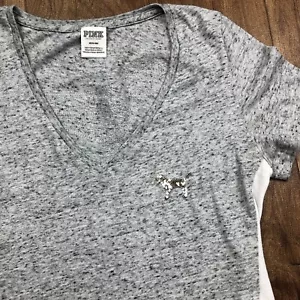 Victorias Secret Women Sz M Heathered Gray Shirt Gold Sequin Dog Back V Neck - Picture 1 of 12