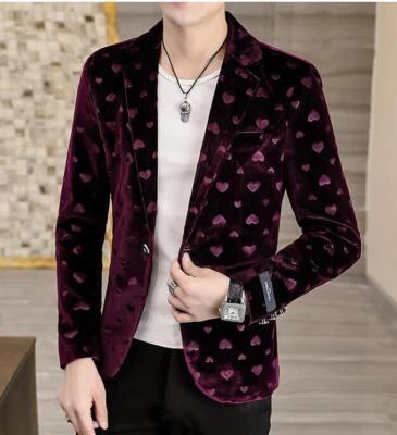 Men's Korean Velvet Blazer Coat Slim Fit One Button Heart Pattern Formal Jackets - Image 1 of 4
