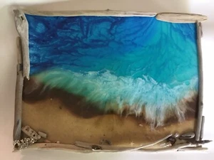 Pintura de resina Ocean Wave con marco de madera a la deriva - Imagen 1 de 9