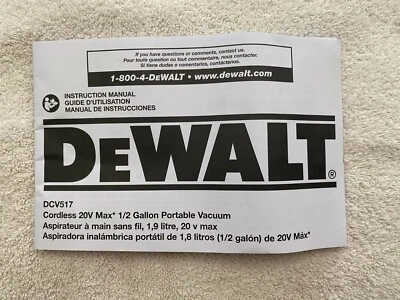 DeWalt DCV517 Instructional Manual 20V Max 1/2 Gallon Portable Vacuum Free Ship - Image 1 of 2