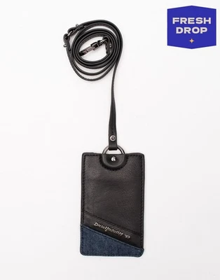 DIESEL "DAILY DNA" BEGGIAMY porta badge carta d'identità in pelle bordo denim cinturino lungo - Immagine 1 di 4