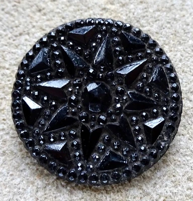 antique Victorian star flower french jet black glass 27mm button -Y15 - Image 1 of 2