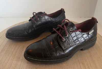 Pikolinos Black Croc Embossed Leather Lace Up Oxford Shoes Size 37 Women's Spain - Image 1 of 4