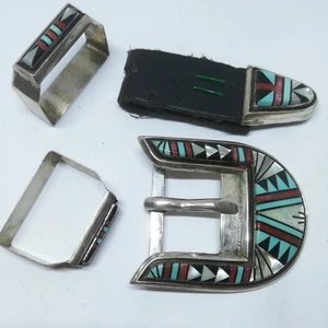 Zuni D Lucio Turquoise Inlay Silver Belt Buckle Set Handmade Native US JP - Picture 1 of 3