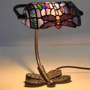 Mini Small Dragonfly Tiffany Style Stained Glass Banker Desk Table Lamp with ... - Picture 1 of 7