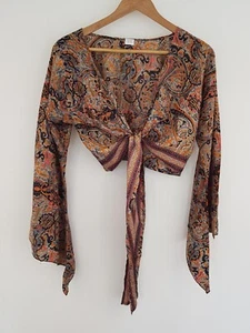 Top Shrug Bolero Cropped Hippie Festival Indian Tie Front Boho Vintage Silk - Picture 1 of 13