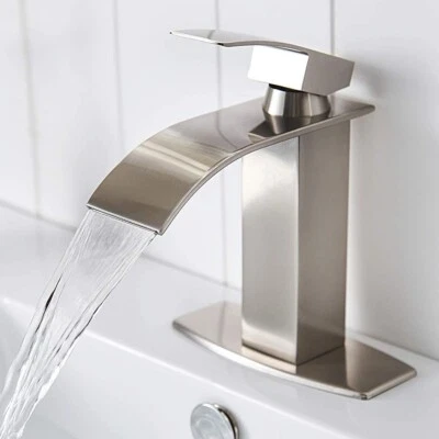 BWE Waterfall Spout Brushed Nickel Single Handle Bathroom Sink Faucet Deck Mount