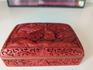 1940s Vintage Hand Carved Landscape Cinnabar Blue Enamel Jewelry Keepsake Box - Picture 1 of 16