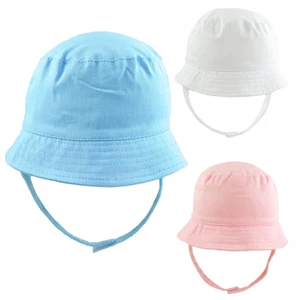 BABY SUN HAT WITH CHIN STRAP GIRLS BOYS PINK BLUE WHITE WIDE BRIM BUCKET HATS - Picture 1 of 7