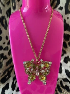Betsey Johnson Spring Glam Pink Lucite Green Flower Butterfly Gold Long Necklace - Picture 1 of 5