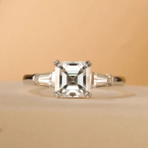 2 Ct Asscher Cut VVS1 Diamond Three Stone Engagement Ring 14K White Gold Finish - Picture 1 of 8