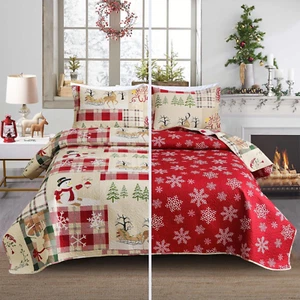 Christmas Bedspread Quilt Sets King Size - Nordic Cabin Lodge Wildlife Reindeers - Picture 1 of 7