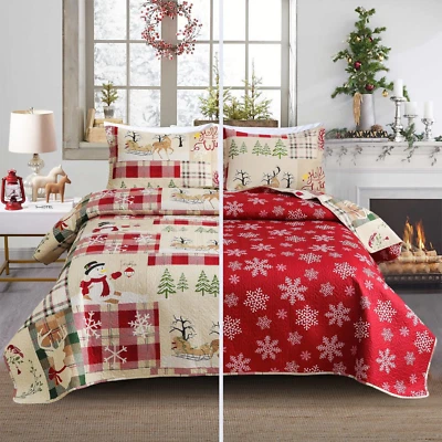 Christmas Bedspread Quilt Sets King Size - Nordic Cabin Lodge Wildlife Reindeers - Image 1 of 4
