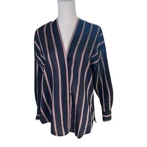 Vince Striped Button Up Stripe V-Neck Top Linen Silk Relaxed Fit Navy Red XS - Picture 1 of 12