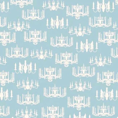 100% COTTON FABRIC PRINTS VICTORIAN CHANDELIER POWDER BLUE IVORY HOME DECOR BTY - Image 1 of 4