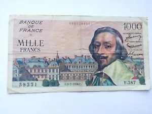 Banque de France 1000 Mille Franc Francs 1956 Richelieu Note Banknote Circulated - Picture 1 of 3