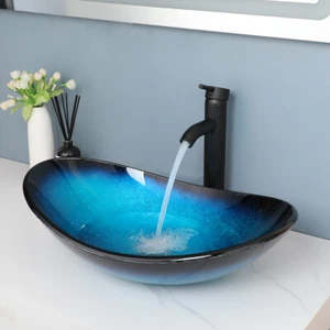 US Oval Bathroom Vessel Sink Blue&Black Tempered Glass Wash Bowl Mixer Brass Tap - Picture 1 of 10
