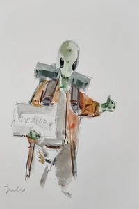JOSE TRUJILLO Watercolor Painting Collectible ORIGINAL Alien Hitchhiking Signed - Picture 1 of 8