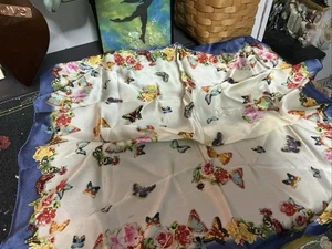 Vintage 100% Silk Butterfly Blue Trim 30" Square Scarf T3 - Picture 1 of 6