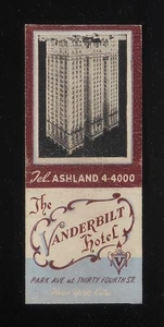 1940s The Vanderbilt Hotel Park Ave. at 34th St. Manger Hotels NYC NY Matchbook - Foto 1 di 2