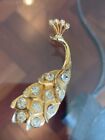 MOSELL SIGNED GOLD Peacock Pheasant Single CLIP EARRING Clear Rhinestones 2.25”