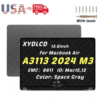 13" for Macbook Air A3113 2024 M3 EMC8611 LCD Screen Complete Assembly SpaceGray - Image 1 of 4