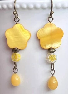 Etched Bronze, Yellow Flower, Millefiori Beads with Vintage Glass Teardrops. - Picture 1 of 3
