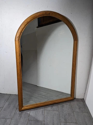 Vintage Mid Century Modern Solid Oak Wood Arched Wall Mirror Danish Style Cover