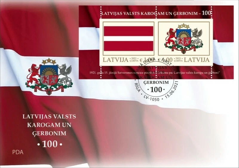 Latvia 2021 (09) Latvian National Flag and Coat of arms - 100 years (fdc) - Image 1 of 1