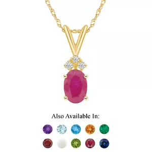 14K Yellow Gold 7x5mm Oval Genuine Natural Ruby Diamond Accent Pendant Necklace - Picture 1 of 4