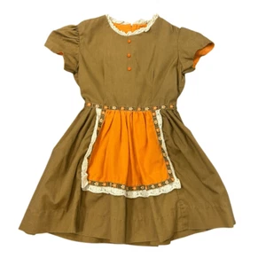 Vintage Girls Dress 6X 5 Brown Orange Sears Floral Lace Apron 60s 70s Retro Cost - Picture 1 of 16