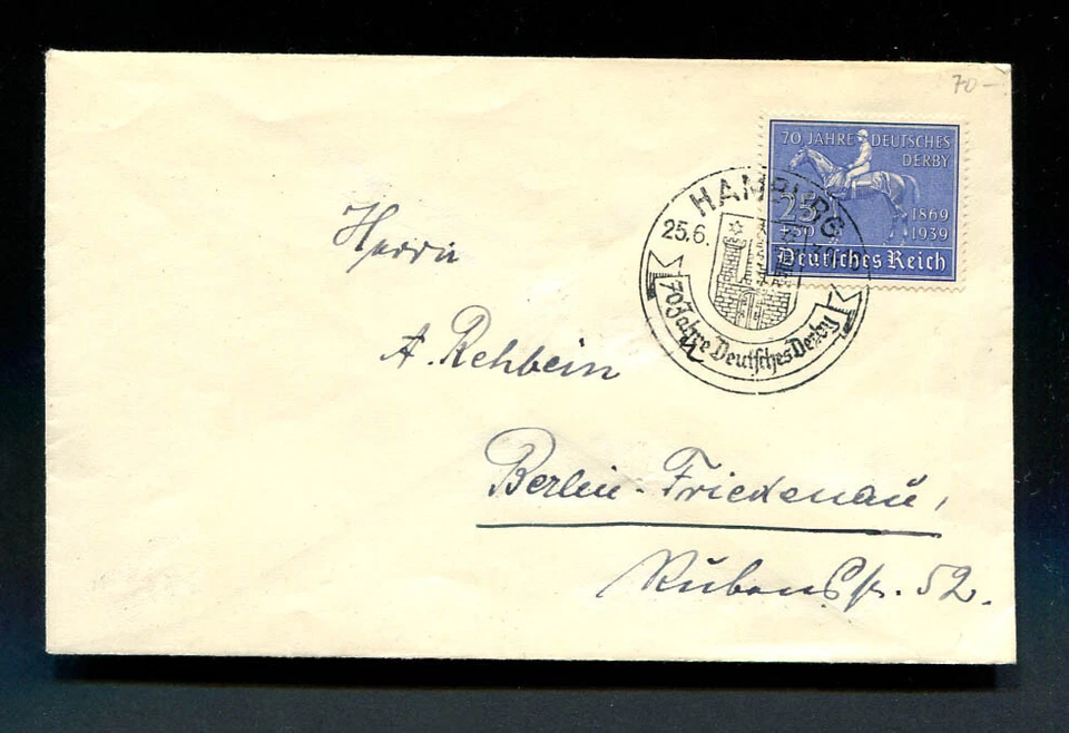 Reich alemán Segunda Guerra Mundial: valiosa cubierta de 1939 - Hamburgo elegante cancelar carrera de caballos Foto 1 de 1