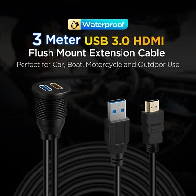 Cable de extensión empotrado impermeable 3 metros USB 3.0 HDMI para coche barco motocicleta Foto 1 de 4