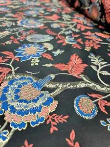 "Blue, Coral, and Black Floral Jacquard Brocade Fabric - Sold by the Yard for Up - Picture 1 of 16