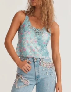 LoveShackFancy Lylia Cami Tank Top XS Camisole Pool Party Blue Lace Daisy Neon - Picture 1 of 11